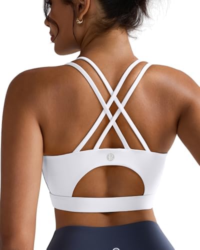 Open cutout strappy back sports bra with removable pads, cool-touch stretch fabric, and a wide underband for medium support.