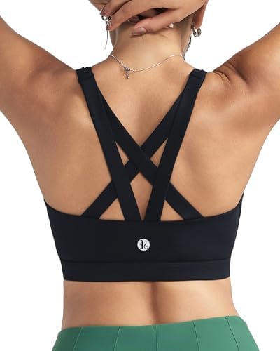 A medium support yoga bra with criss-cross back straps, removable cup inserts, and a wide underband in solid black.