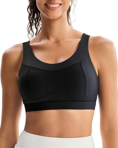 A high impact crop bra with molded cups, an open racerback cutout, and a wide underband cut from dense four-way stretch fabric.