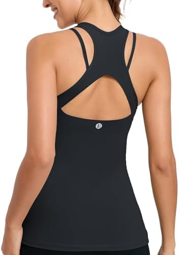 A lightweight workout tank with an interior shelf bra, removable pads, and an open strappy back for low-impact sessions.