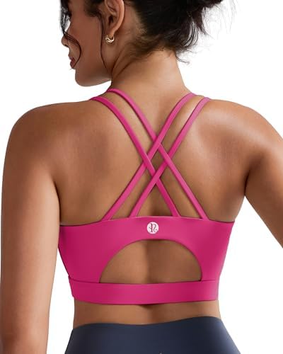 Multiple back straps anchor an open cutout on this medium support pullover bra in bright pink.