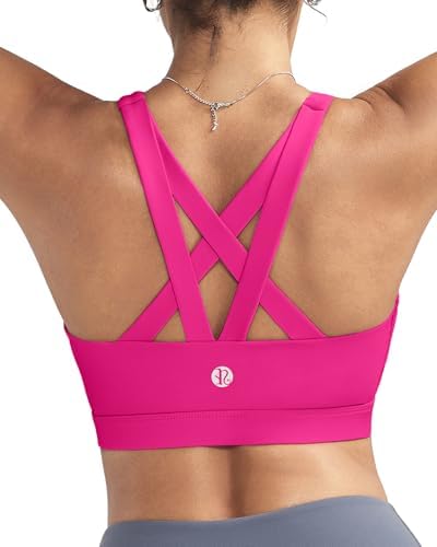 A medium support yoga bra with criss-cross back straps, removable pads, and a soft brushed underband that stays in place.