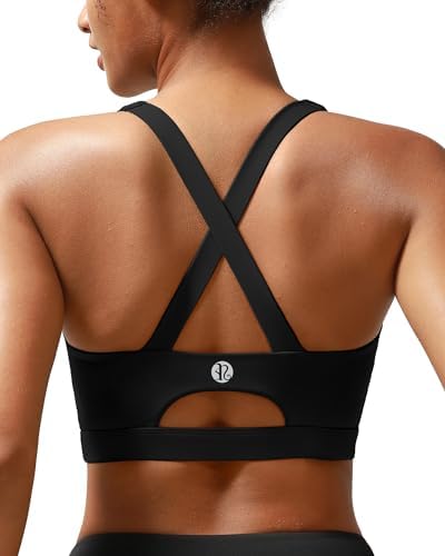 A high support sports bra in solid black with molded removable cups, a wide elastic band, and performance stretch fabric.