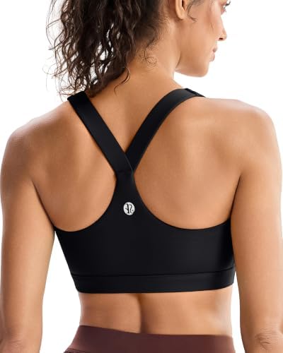 Molded cups and a wide elastic band give this high support black racerback bra steady coverage for running and training.