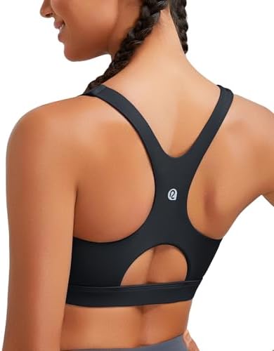 A high impact black racerback bra built with molded cups, flat lining seams, and a wide underband for running and hard training.