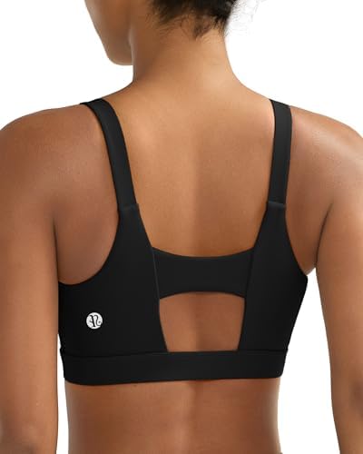 A high impact V-neck sports bra with removable molded cups, a wide elastic underband, and sweat-wicking stretch fabric.