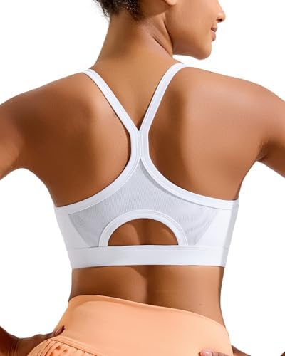A high-impact white sports bra built with a Y-back strap layout, molded cups, and a wide elastic underband.