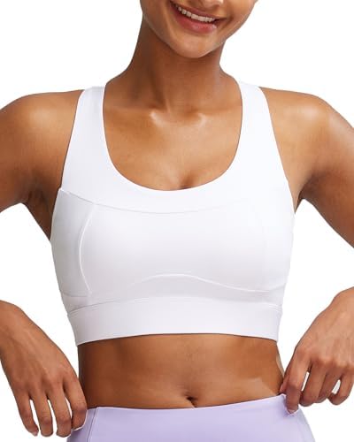 A high impact sports bra built with molded cups, an open criss-cross strappy back, and a wide underband for running.