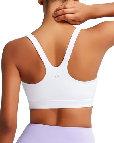 A high support white sports bra built with molded removable cups, wide underband, and sweat-wicking performance stretch fabric.