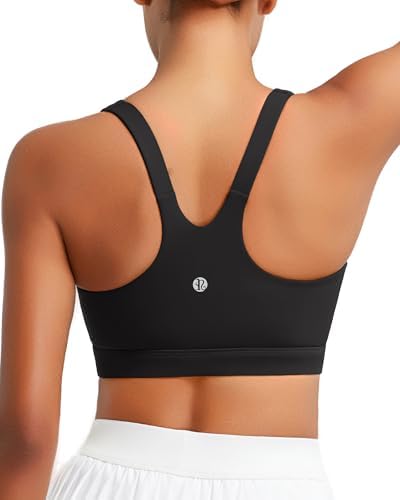 Molded cups and a wide elastic band give this high support black running bra steady structure for training.