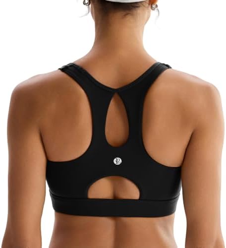 A high impact black sports bra built with molded cups and a wide racerback for running and training.