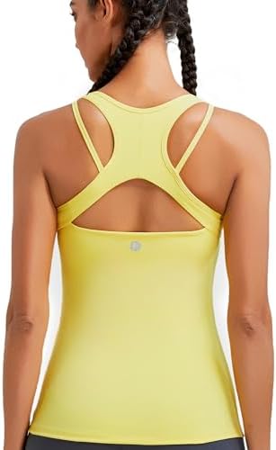 A lightweight workout tank with an interior shelf bra, removable pads, and an open strappy back for low-impact sessions.