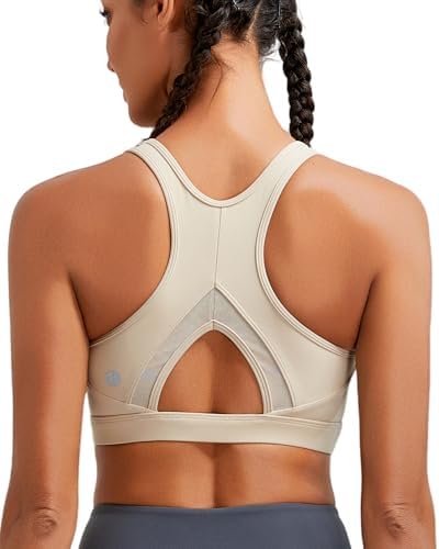 A high-impact racerback bra built with molded cups, wide elastic straps, and mesh ventilation panels.