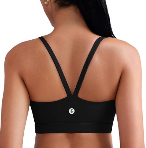 Light support bra with molded cups and thin V-shaped back straps cut for yoga, studio practice, and daily wear.