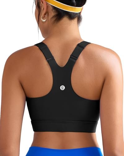A high impact black sports bra built with molded cups, adjustable shoulder straps, and a wide underband.