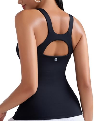 A scoop neck athletic tank with an integrated shelf bra, molded removable cups, and a criss-cross racerback cut.