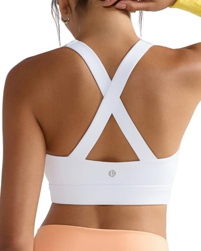 Molded cups and an open strappy back give this white high support sports bra steady structure for running and training.