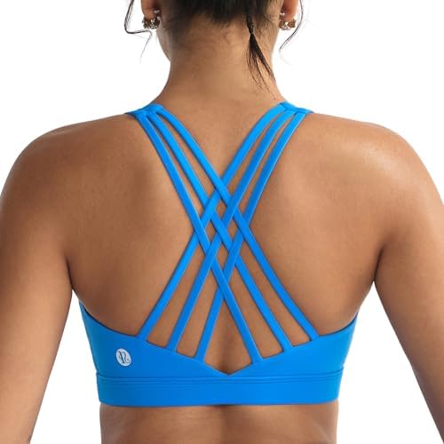 A high impact sports bra built with molded cups, sewn in pads, and crossover back straps for running and heavy workouts.