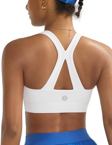 A high impact V-neck sports bra built with molded sewn-in cups, wide straps, and a racerback cut for running.