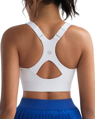A high impact pullover bra in crisp white, built with sewn in molded cups, an elastic underband, and an open strappy back.