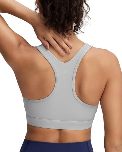 A high impact racerback sports bra with fixed molded cups and wide straps in a cool, pale icy grey.