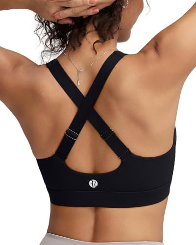 A high impact pullover bra in deep black, built with sewn-in molded cups, criss-cross back straps, and slider adjusters.