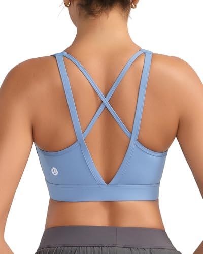 A high impact bra in pale ethereal blue with built-in molded cups and a wide crisscross back for running.