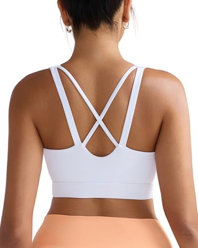 A high impact pullover bra in optic white, built with molded cups, Lycra elastane, and a supportive strappy crisscross back.