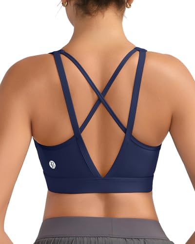 A high support sports bra in twilight blue with molded cups, crisscross back straps, and sweat-wicking stretch fabric.