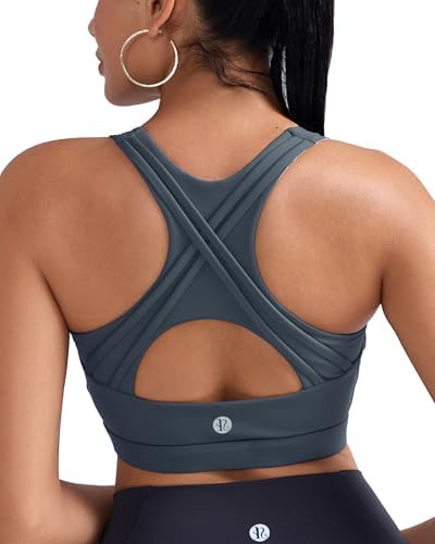 A high impact pullover bra built from recycled nylon with a criss-cross racerback cut and removable padding in deep grey.