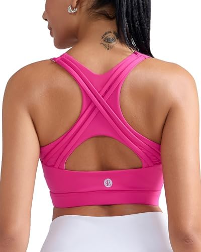 Built for running with recycled nylon yarn, wide shoulder straps, and a secure crossback cutout in bold hot pink.