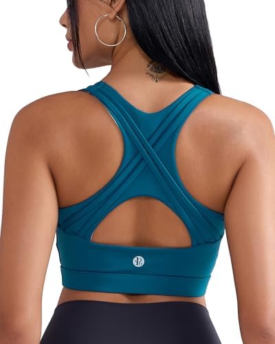 A high-impact pullover bra in deep navy with crossback straps and removable pads, built for running and HIIT.