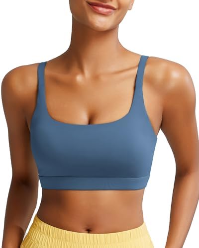 A square-neck longline crop in soft sky blue, built with paired thin shoulder straps and removable pads.
