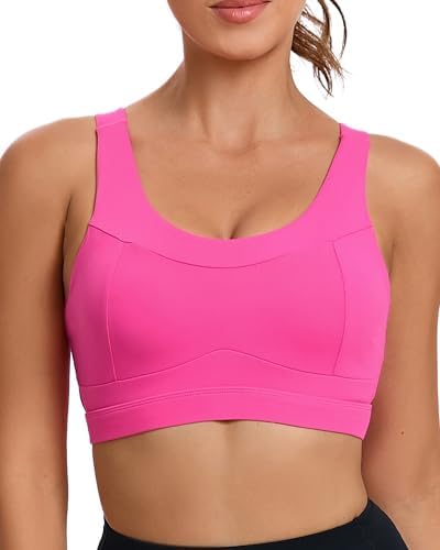 A longline racerback crop with built-in molded cups, cut in a saturated bright pink for high-impact training.