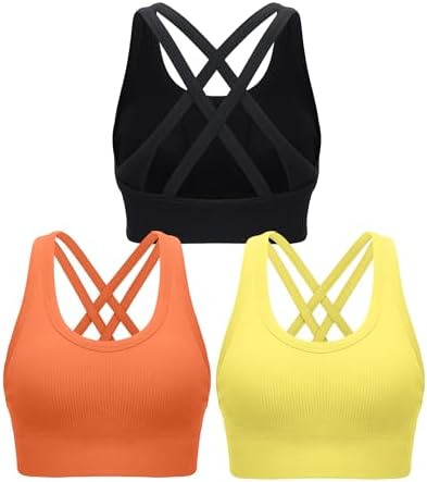 A pullover high support sports bra with crisscross back straps, removable pads, and a tri-tone black, yellow, and orange print.