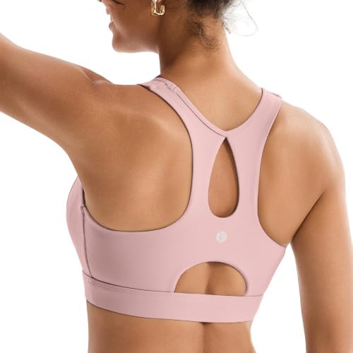 Molded cups and an ergonomic racerback give this pink sports bra firm support for running and high-impact training.