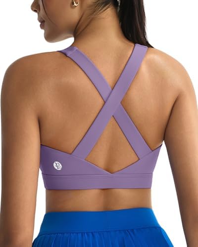 A high impact pullover bra built with sewn-in molded cups, a wide elastic band, and a strappy crossback in dusty lavender.