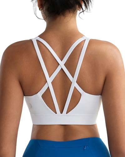 A high impact white sports bra with sewn-in molded cups, criss cross back straps, and four-way stretch fabric for running.