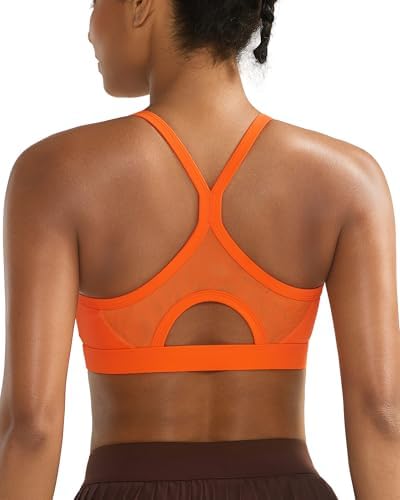 A high impact sports bra built with removable molded cups, a stable Y-back, and a soft wide underband in bright citrus orange.