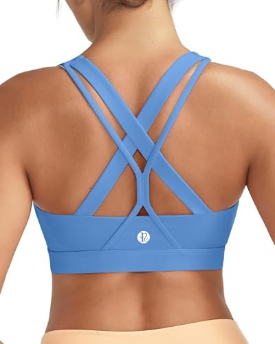 A high support pullover sports bra in rich blue with criss-cross back straps, a wide elastic underband, and removable pads.