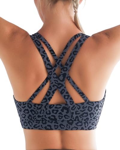 A high support pullover sports bra with crisscross straps, removable pads, and a soft wide underband in leopard print.