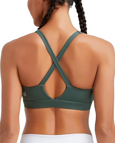 Molded cups and crossback straps anchor this square-neck sports bra in sage green for steady support during runs.