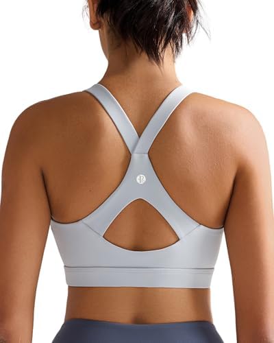A high support running bra with sewn-in molded cups and a wide Y-back design in a cool heather grey tone.