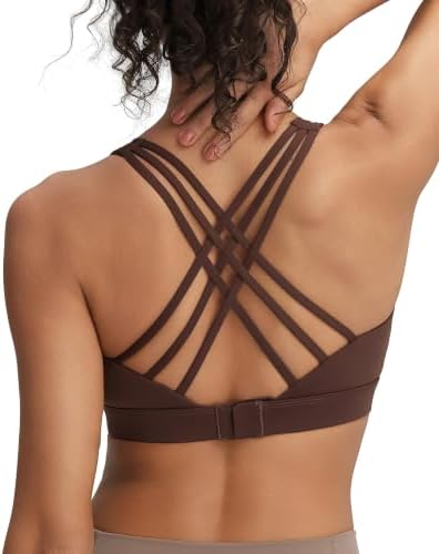 A high impact bra with crisscross back straps, an adjustable hook closure, and full coverage in deep taupe.