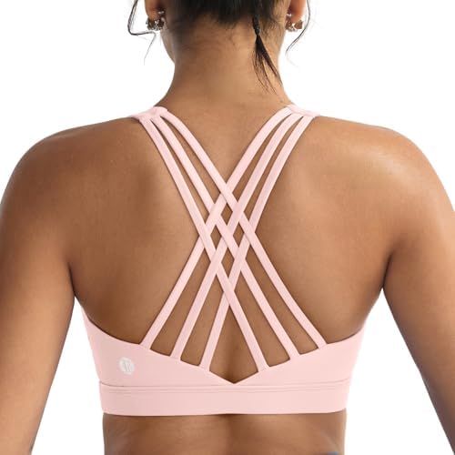 Crisscross back straps and sewn in molded cups give this high support running bra a steady, stay-put fit in pinkish white.