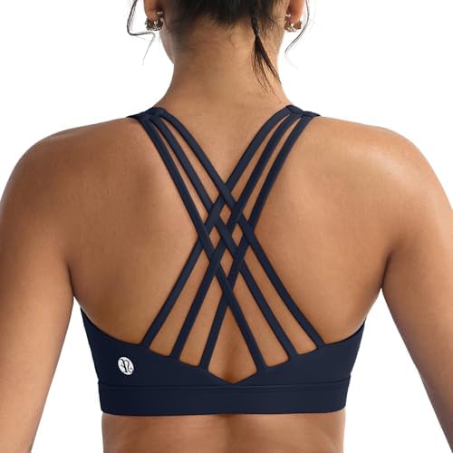 Molded cups and crisscross back straps give this navy blue high support sports bra steady structure for running.