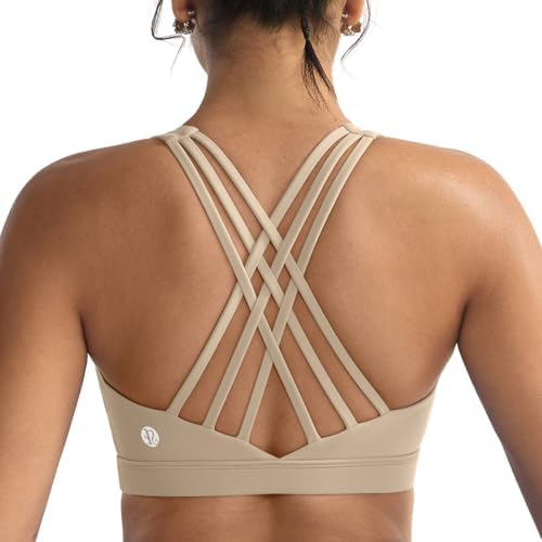 Molded cups and crossed back straps anchor this high impact running bra in a low profile nude tone.