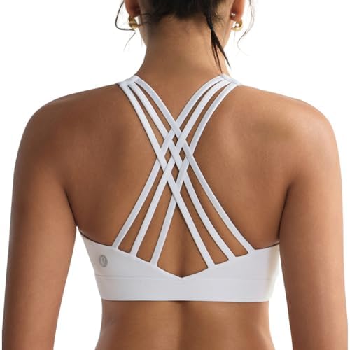 A high impact white sports bra with molded sewn-in cups, crossback straps, and a wide underband for running.
