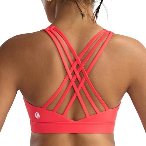 A high impact red sports bra built with molded sewn-in cups and a criss cross back that stays put during hard runs.