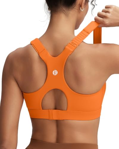 High-impact racerback bra with molded cups, adjustable shoulder straps, and a secure hook-and-eye back closure in vivid orange.